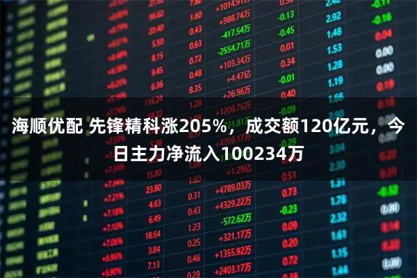 海顺优配 先锋精科涨205%，成交额120亿元，今日主力净流入100234万